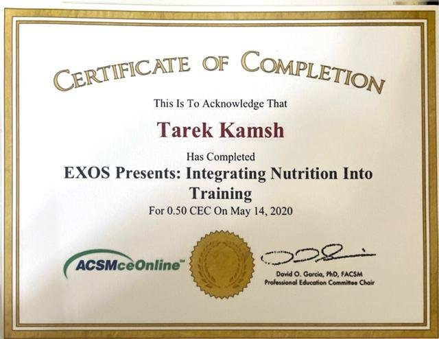 EXOS: Integrating Nutrition into Training certificate, ACSM