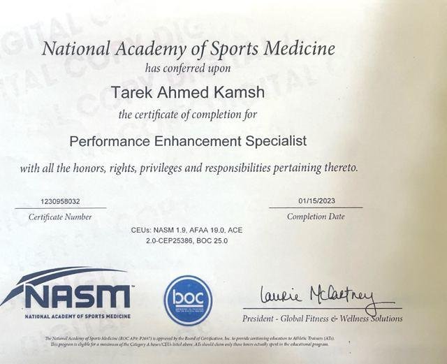Performance Enhancement Specialist certificate, NASM